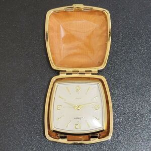 Vintage‎ Linden Tan Clam Shell Leather Case Wind Up Travel Alarm Clock MCM Japan